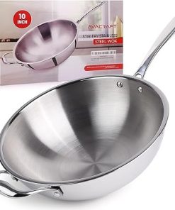 AVACRAFT 10 Inch Stainless Steel Wok Induction Safe Stir-Fry Pan